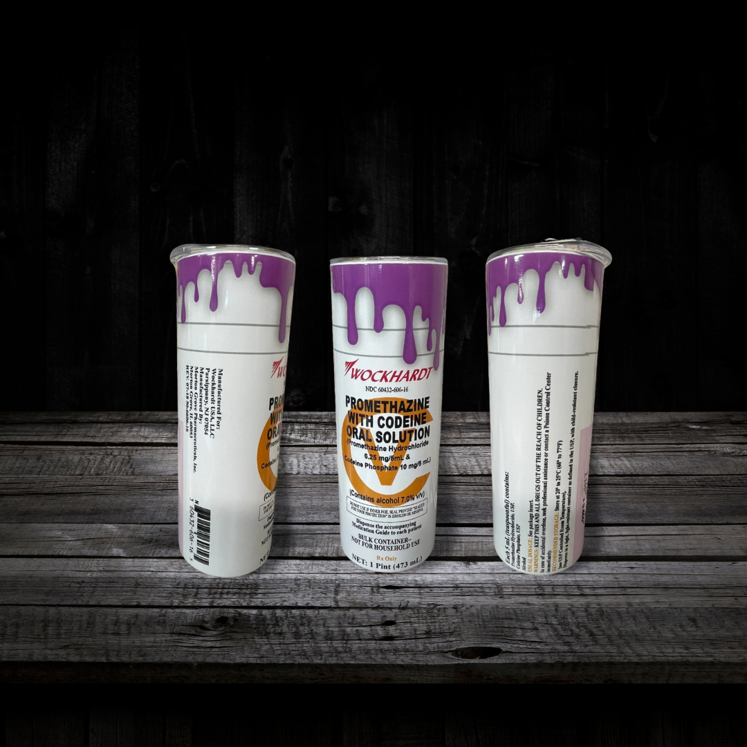 RX tumbler with purple drip.