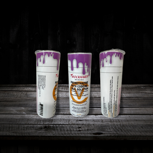 RX tumbler with purple drip.
