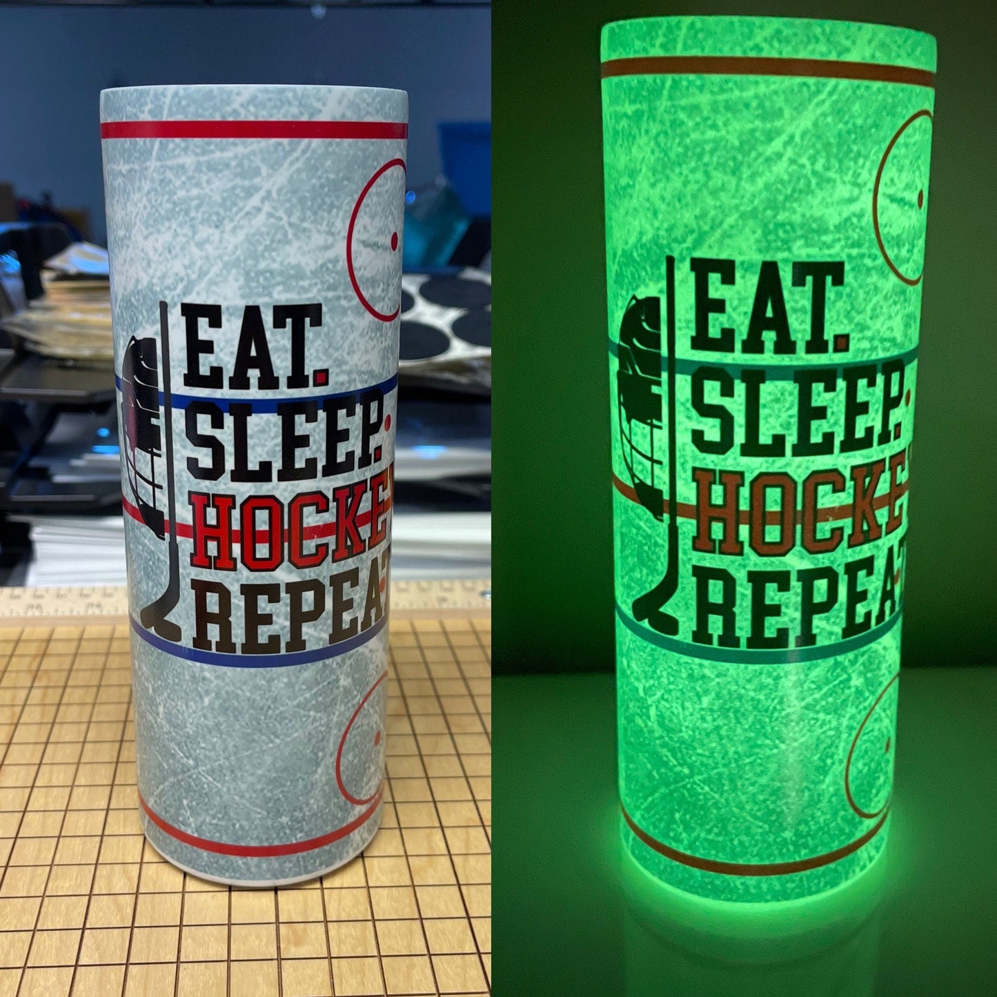Eat Sleep Hockey Repeat glow in the dark tumbler