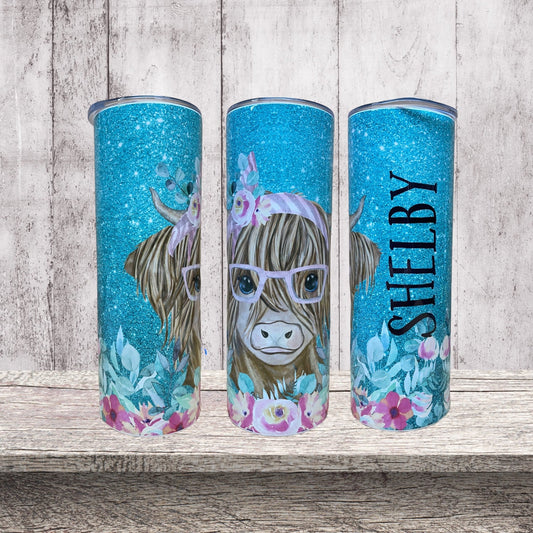 Cute highland cow with glasses tumbler