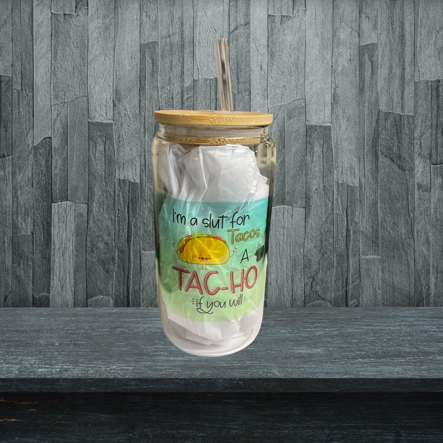 16oz Glass Tac-ho tumbler. With bamboo lid and plastic straw.