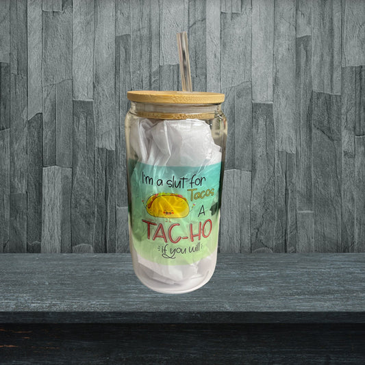16oz Glass Tac-ho tumbler. With bamboo lid and plastic straw.