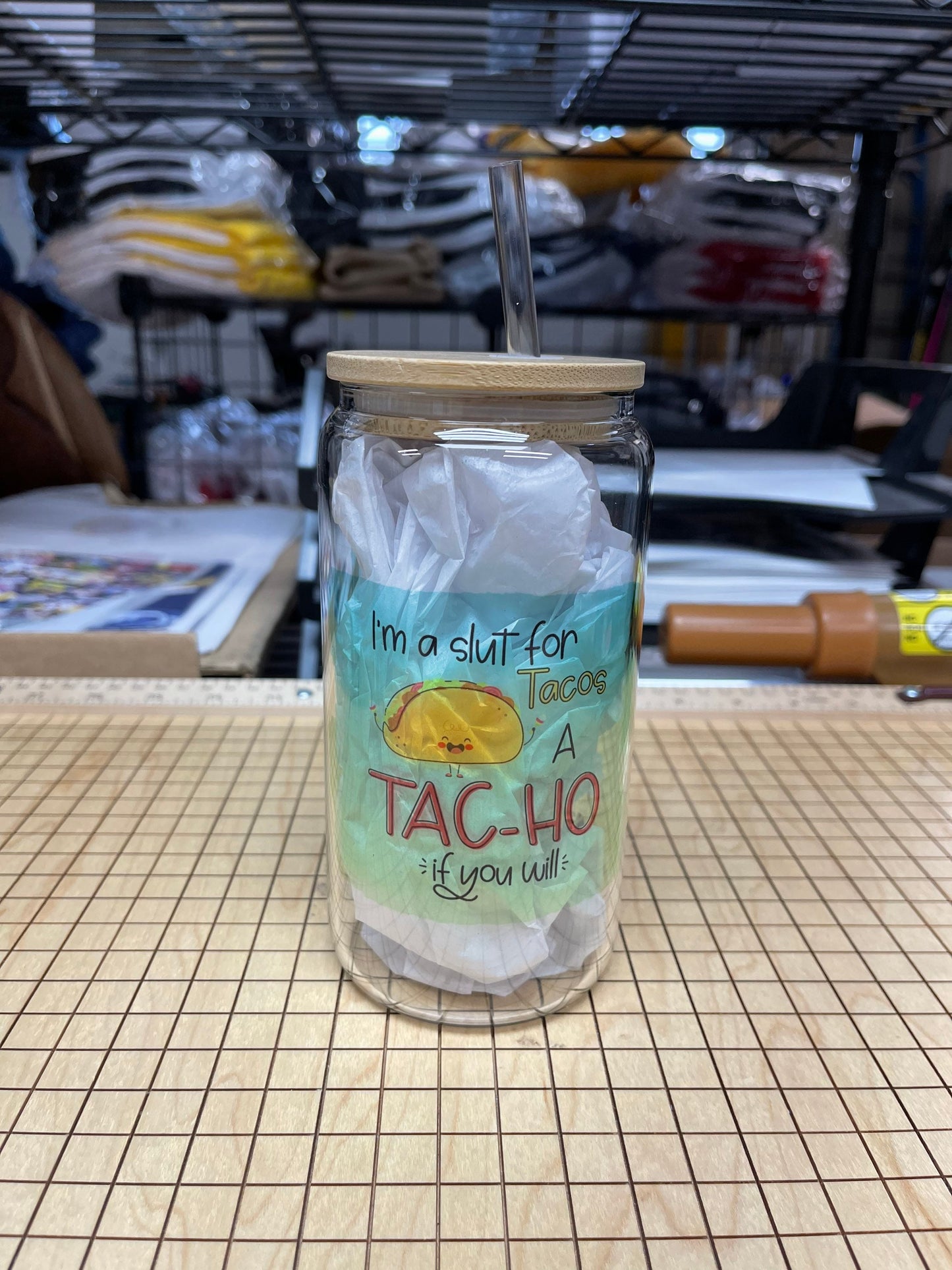 16oz Glass Tac-ho tumbler. With bamboo lid and plastic straw.