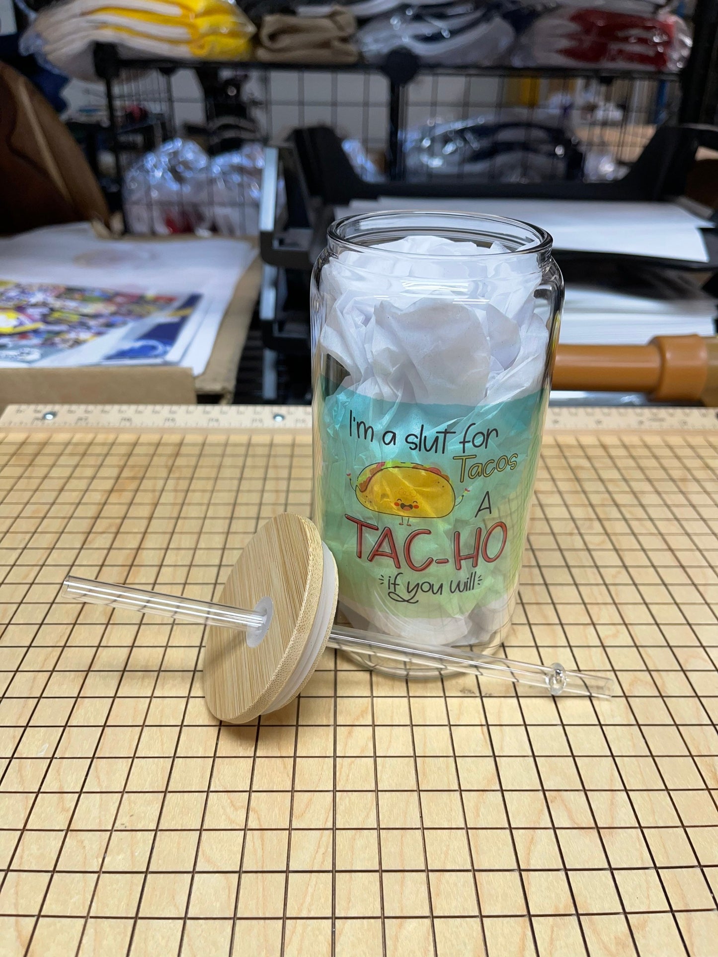 16oz Glass Tac-ho tumbler. With bamboo lid and plastic straw.