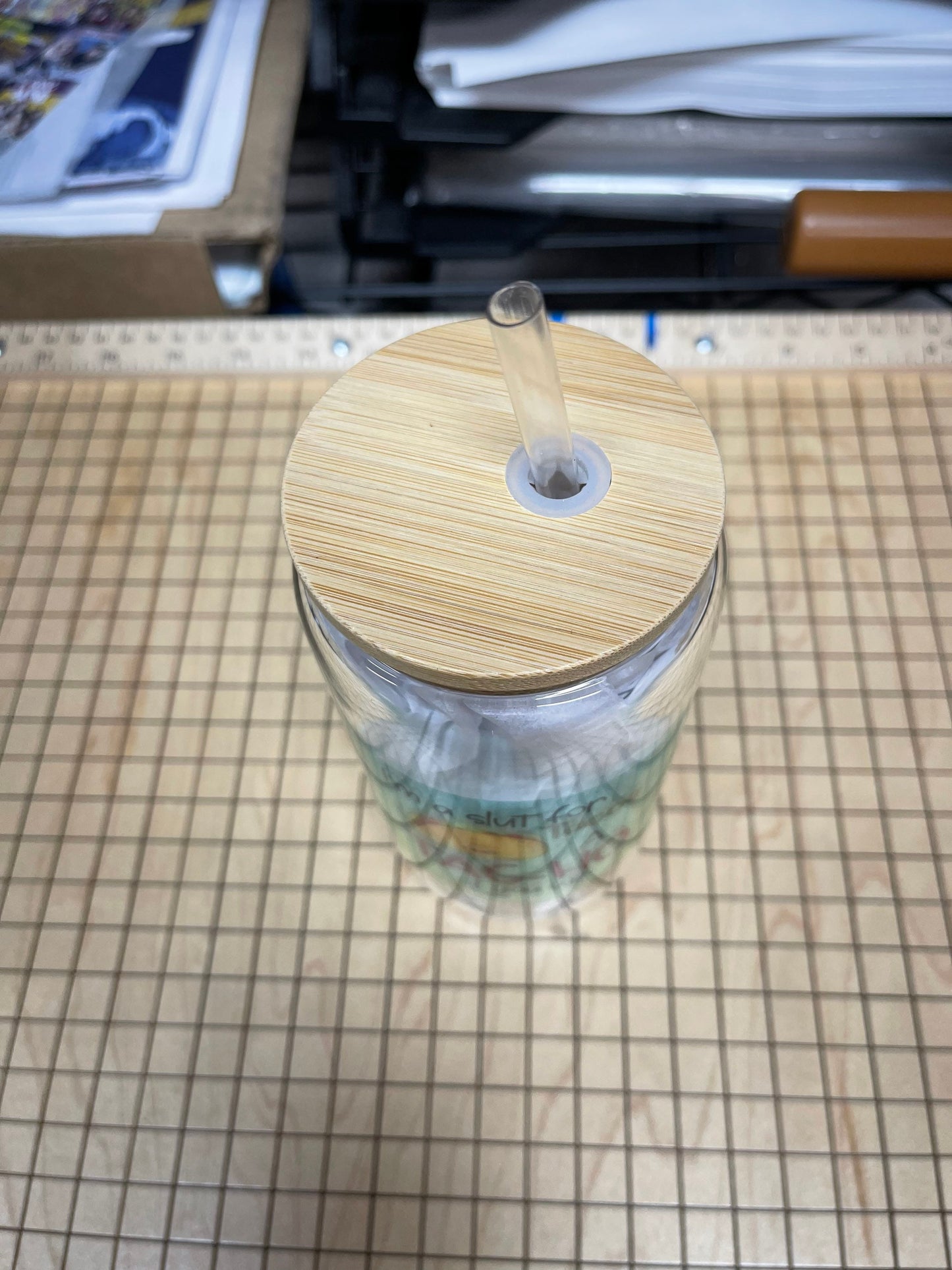 16oz Glass Tac-ho tumbler. With bamboo lid and plastic straw.