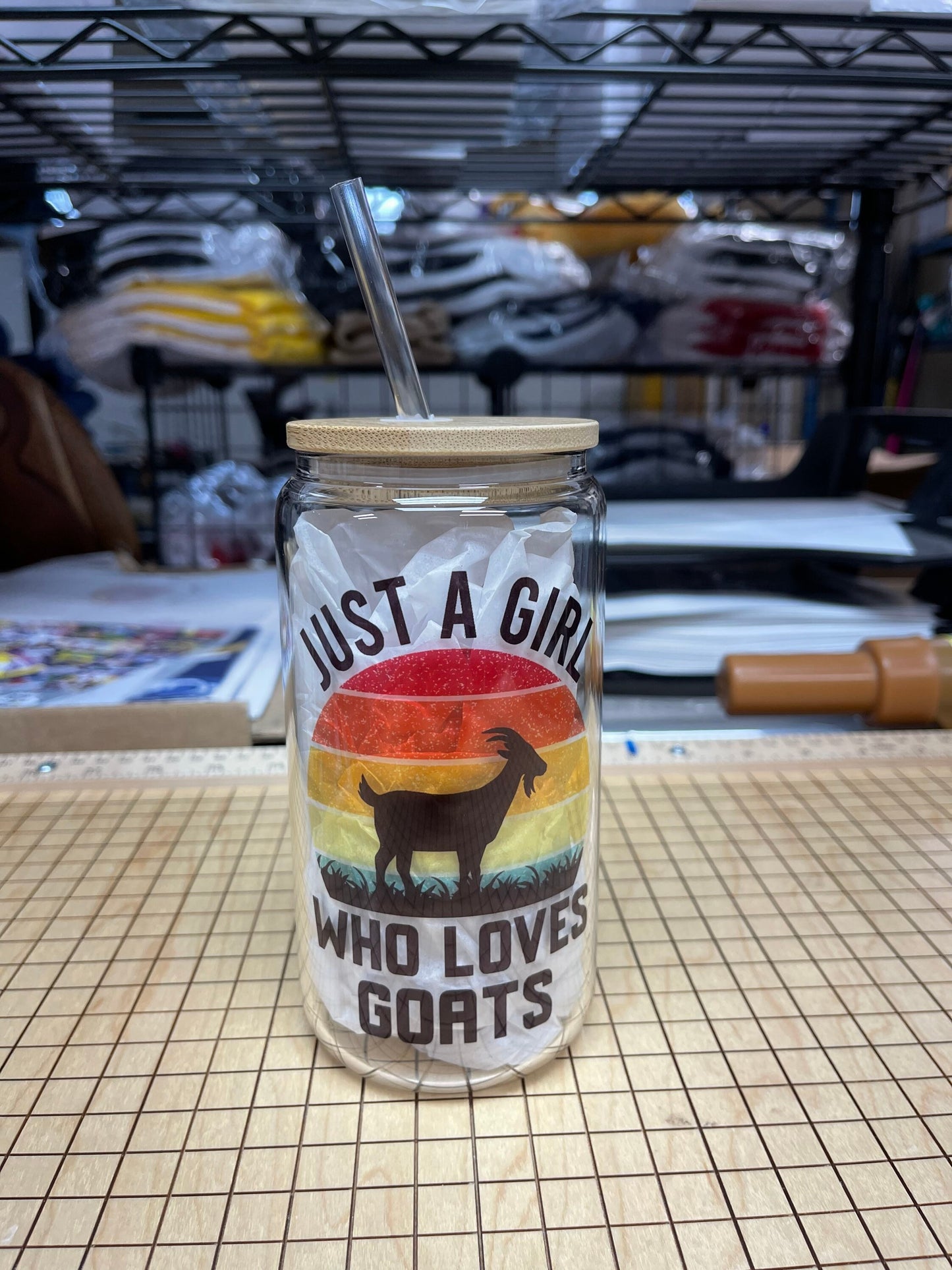 16oz Glass Just a girl who loves goats tumbler. With bamboo lid and plastic straw.