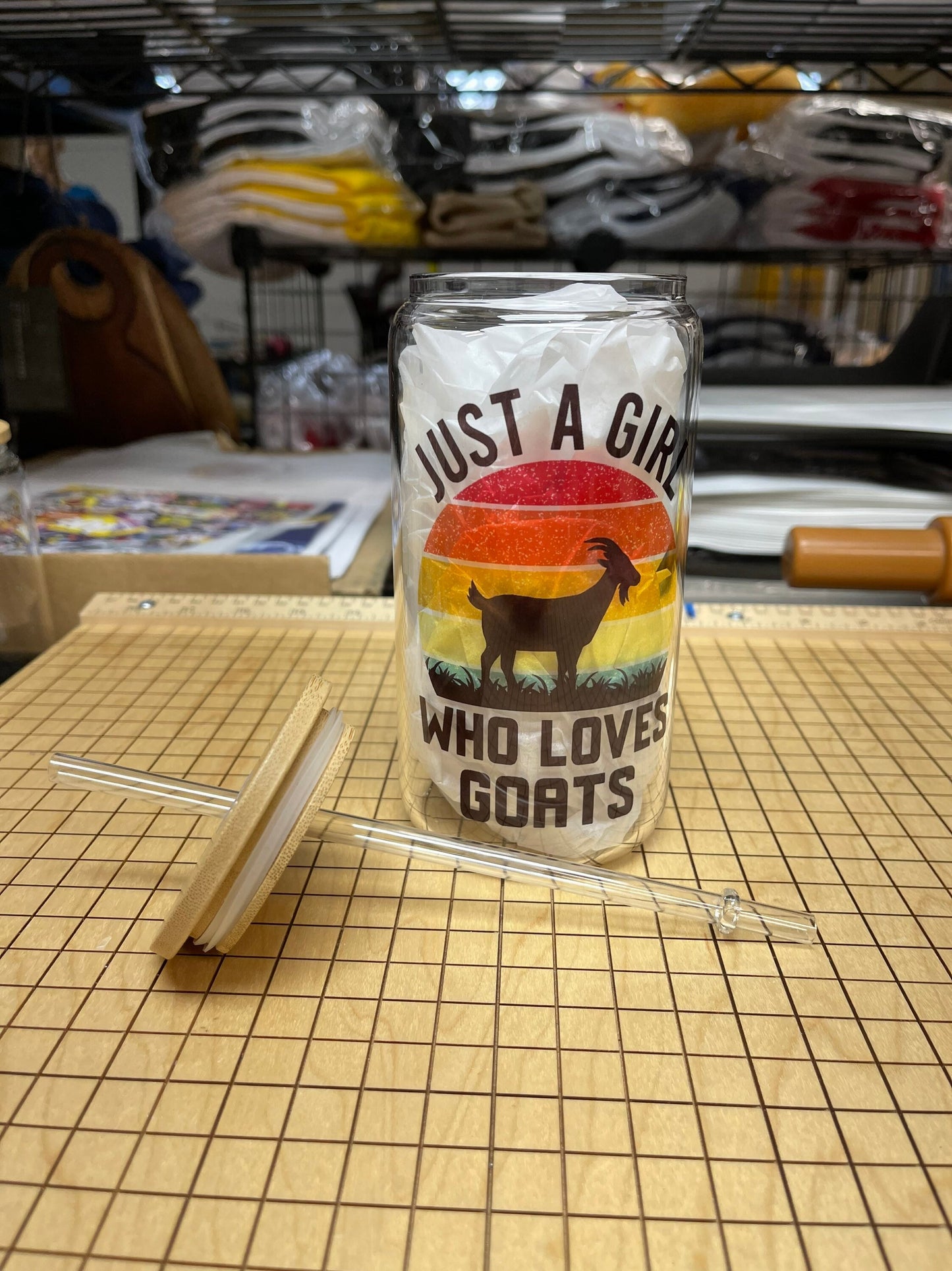 16oz Glass Just a girl who loves goats tumbler. With bamboo lid and plastic straw.