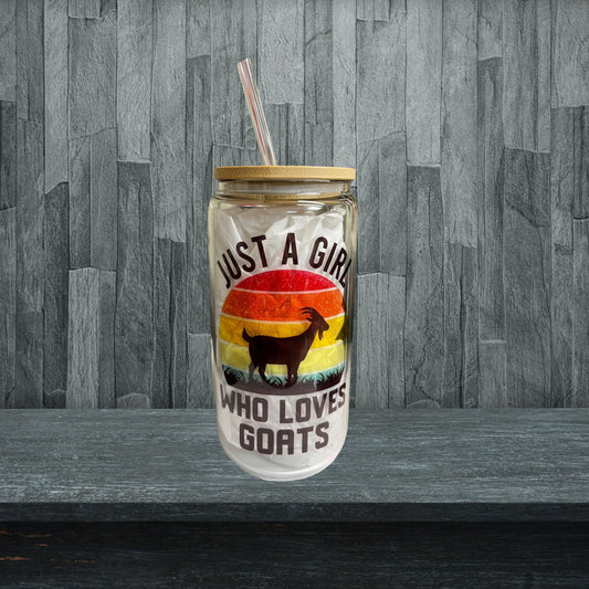 16oz Glass Just a girl who loves goats tumbler. With bamboo lid and plastic straw.