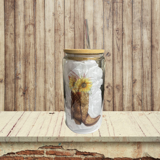 16oz Glass tumbler. Cowgirl boot with sunflowers. Comes with bamboo lid and plastic straw.