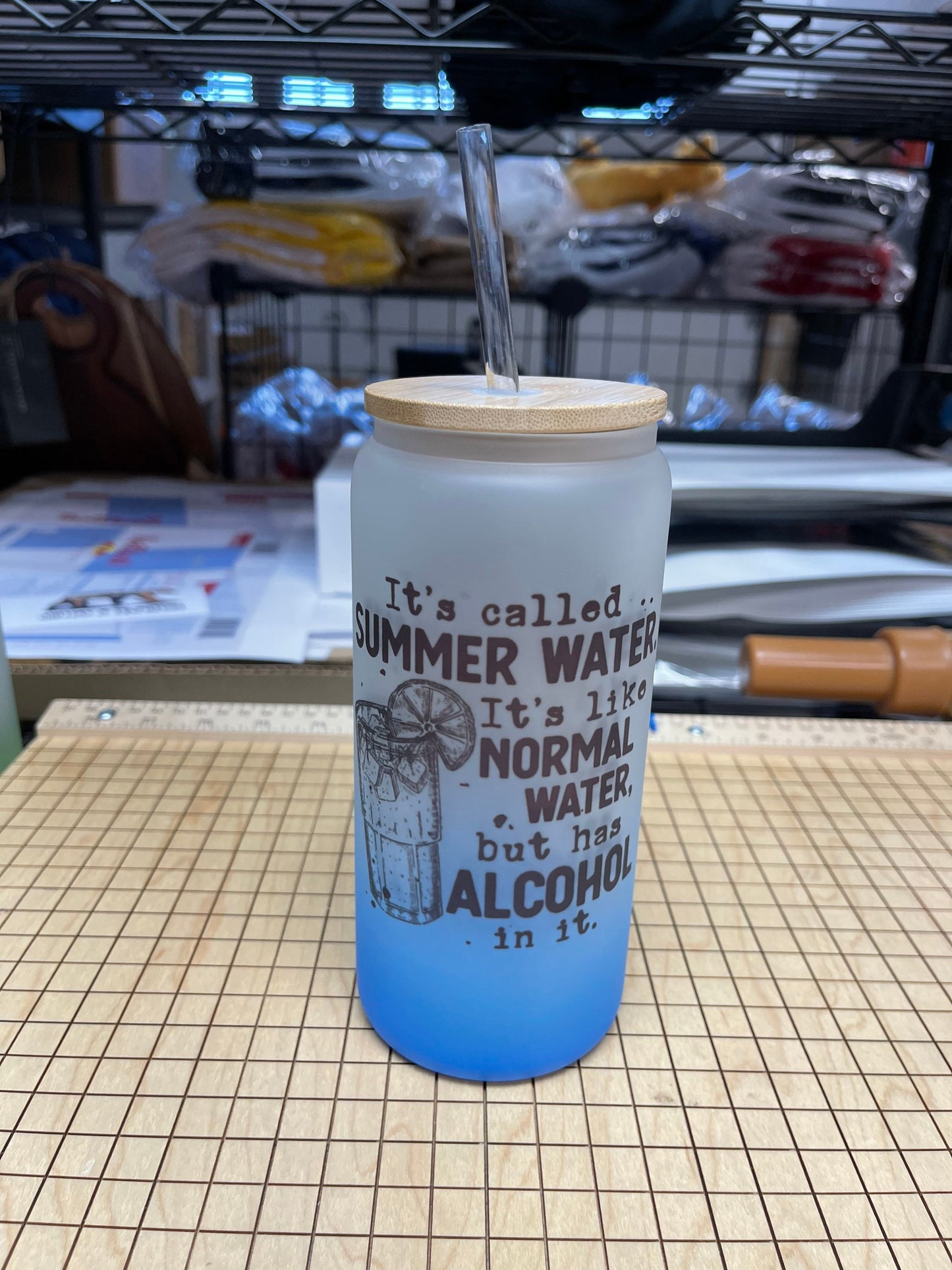 It’s called summer water. 20oz Frosted glass tumbler. Choose from 5 Colors and 15 sayings