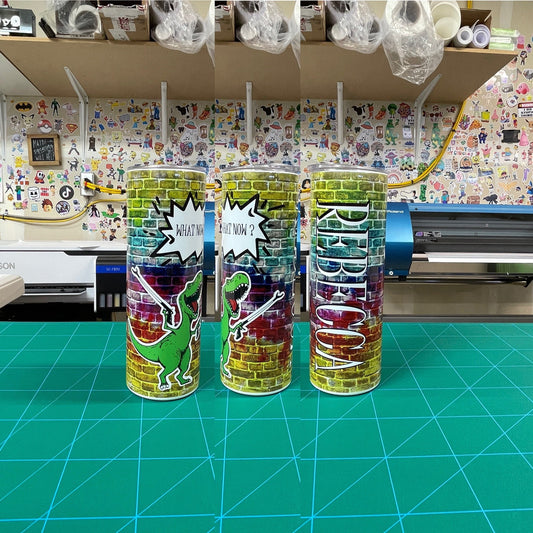 T-Rex what now 20oz tumbler. Free personalization.