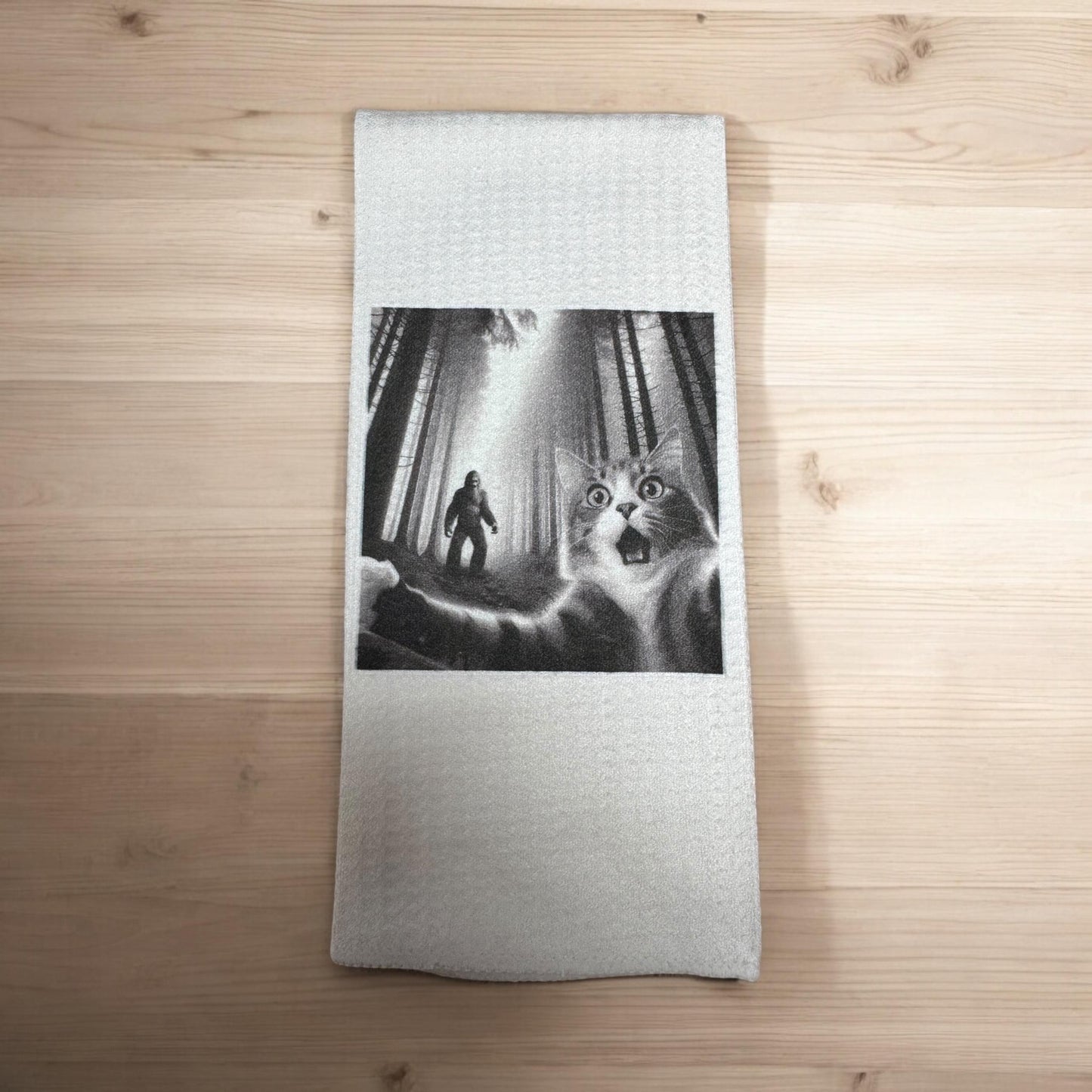 Cat Taking Selfie with Bigfoot Kitchen Towel – Perfect Gift for Animal Lovers and Bigfoot Fans