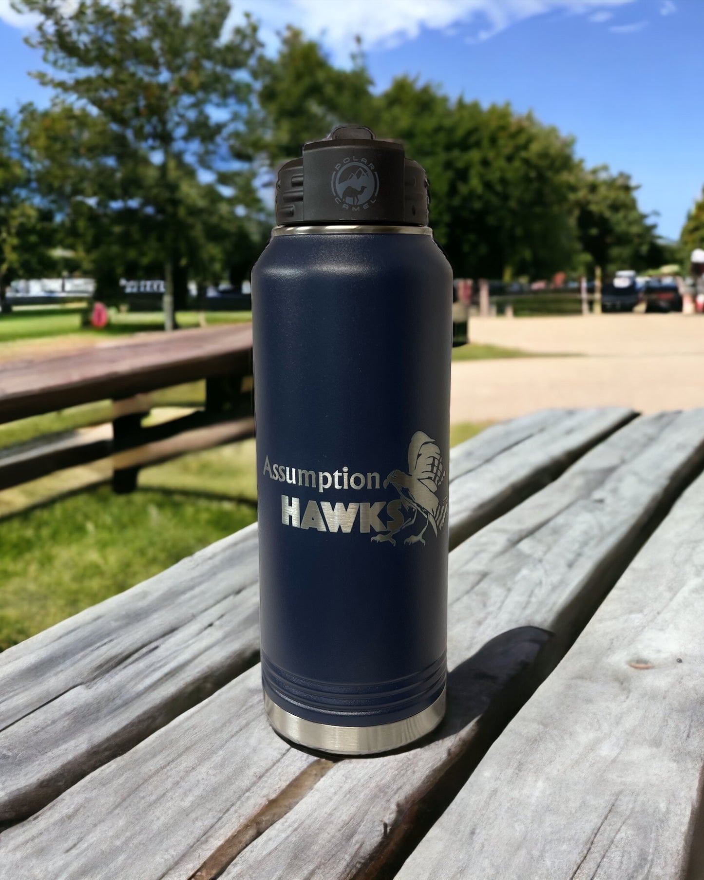 Navy Assumption Hawks Water Bottle with  personalization