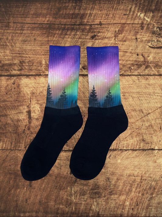 Northern lights  athletic socks. Handcrafted in the USA.