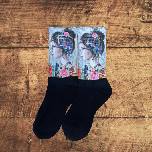 Just a girl who loves books socks. Handcrafted in the USA