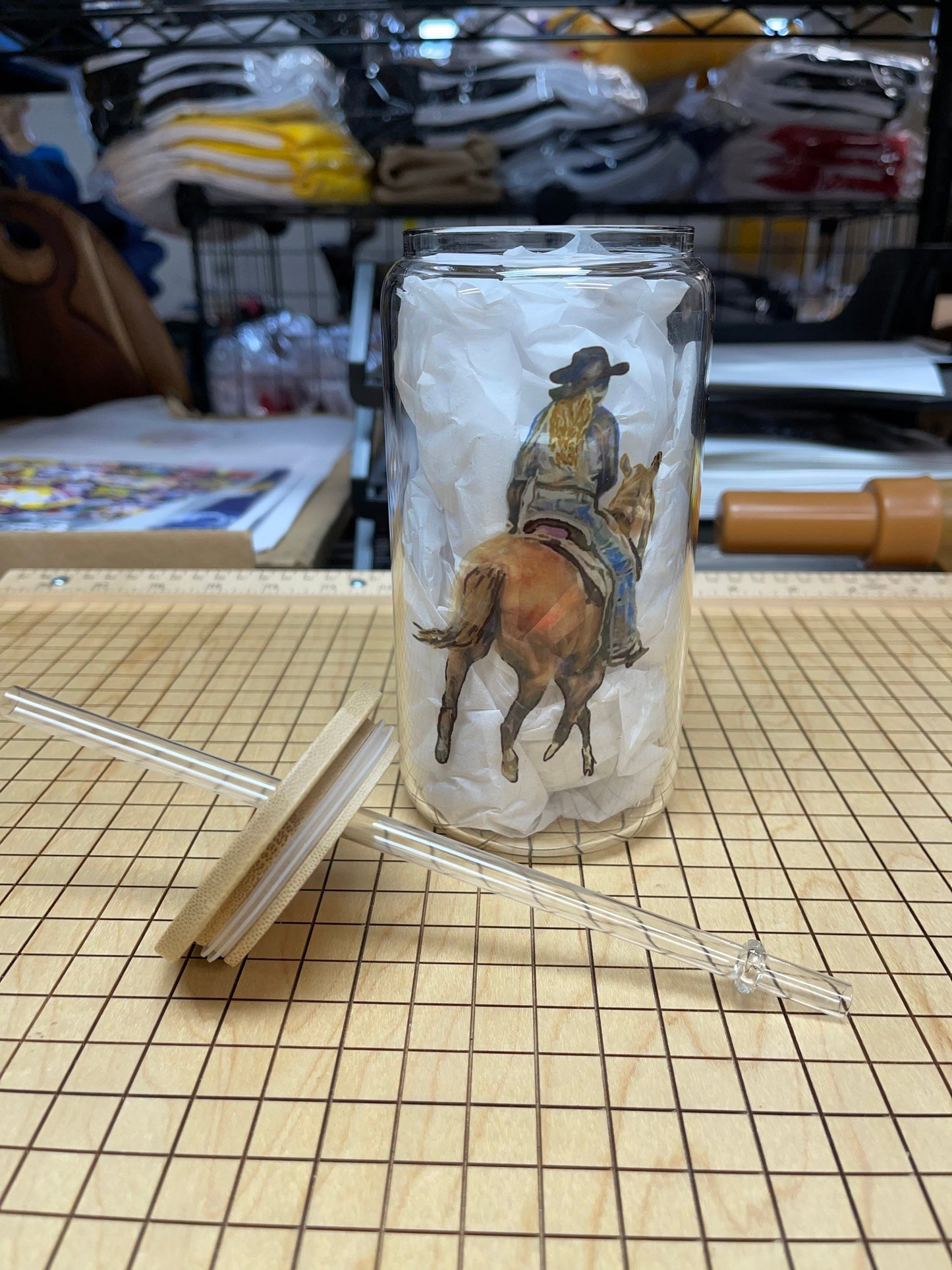 16oz Glass Cow girl riding a horse tumbler.