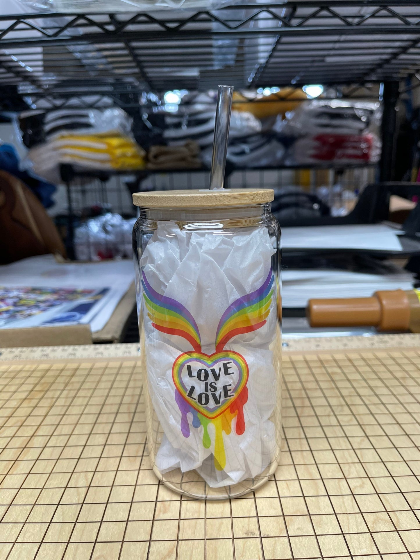 16oz Glass Love Is Love pride tumbler. With bamboo lid and plastic straw.