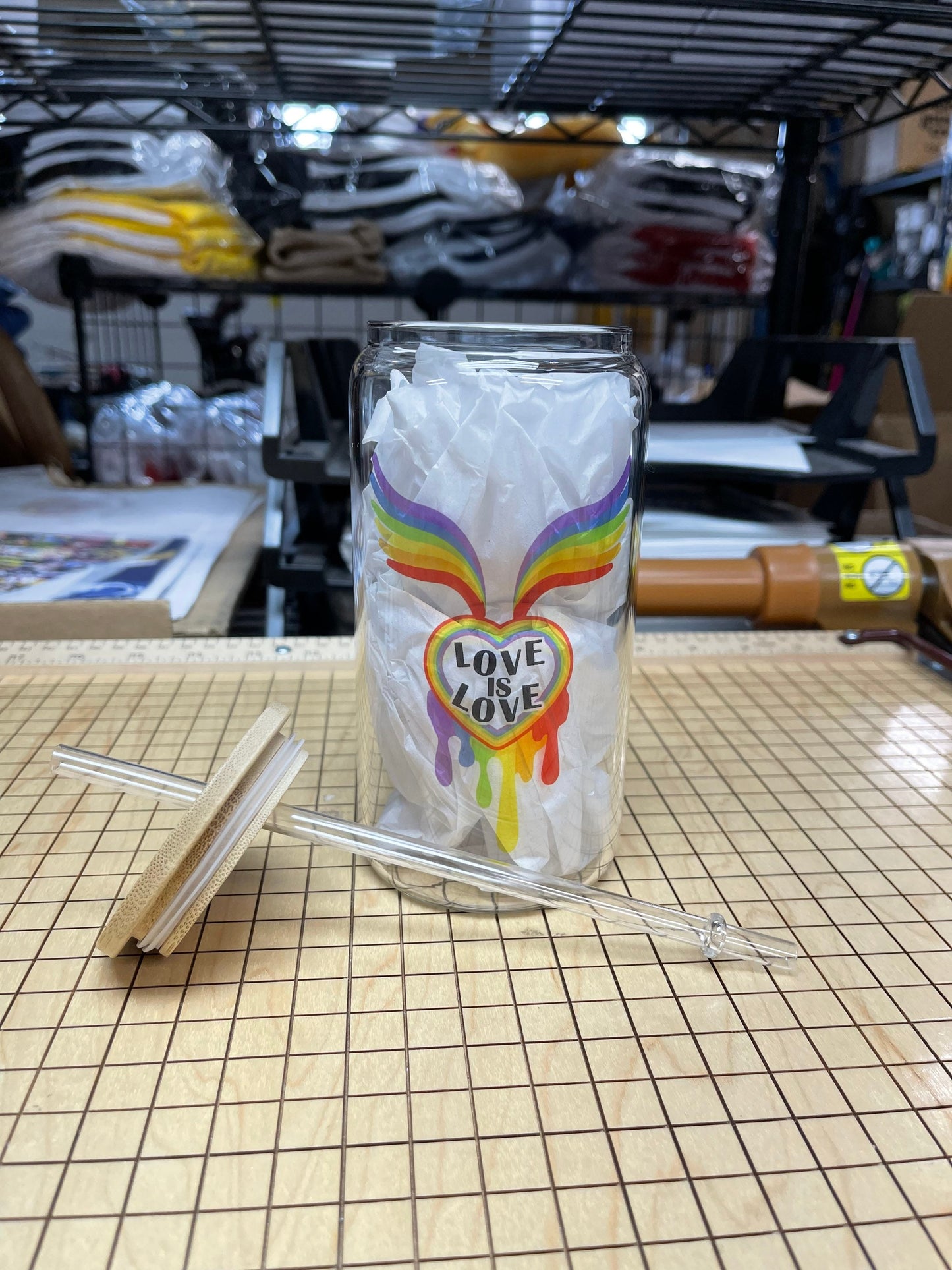 16oz Glass Love Is Love pride tumbler. With bamboo lid and plastic straw.