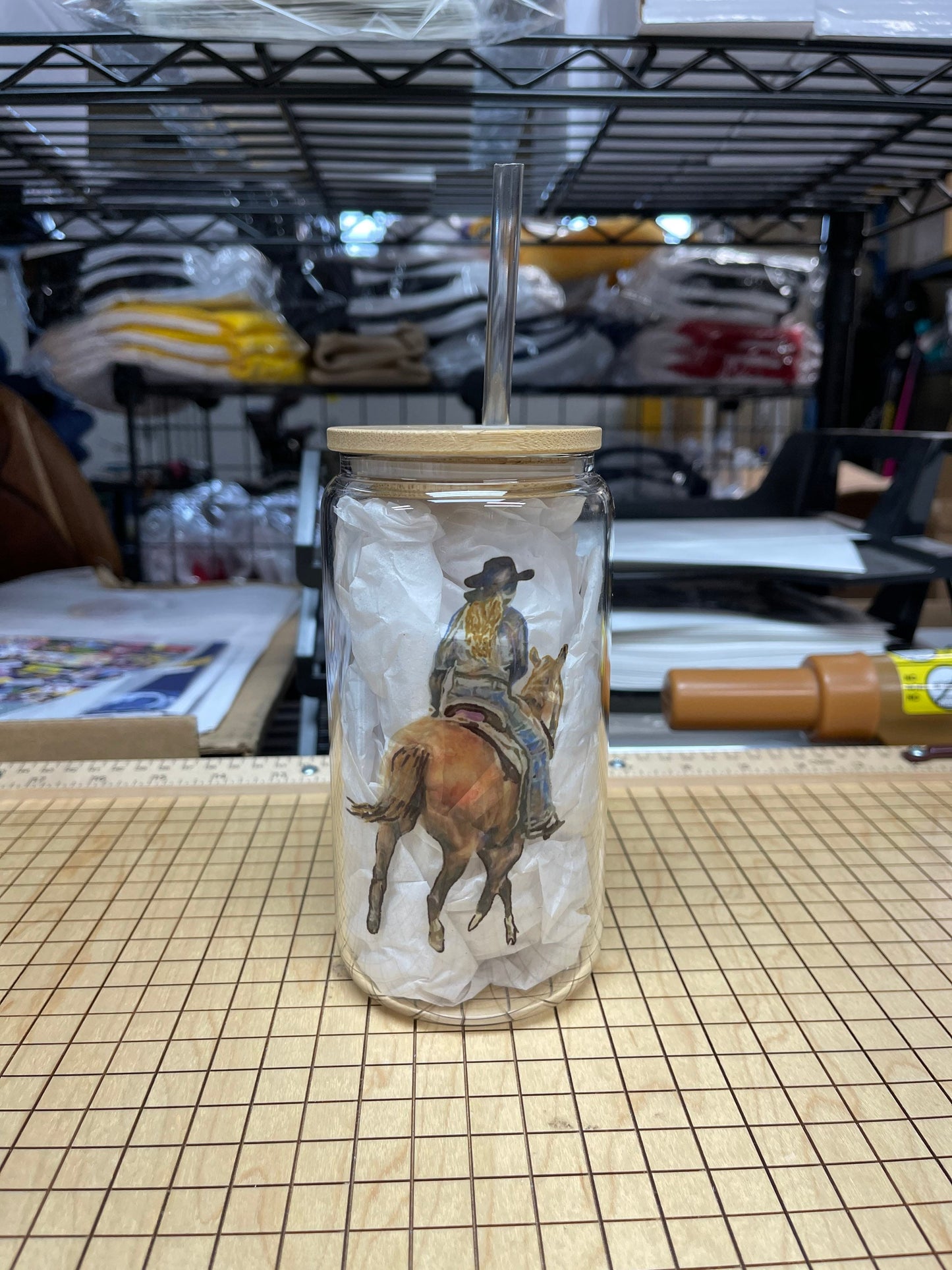 16oz Glass Cow girl riding a horse tumbler.