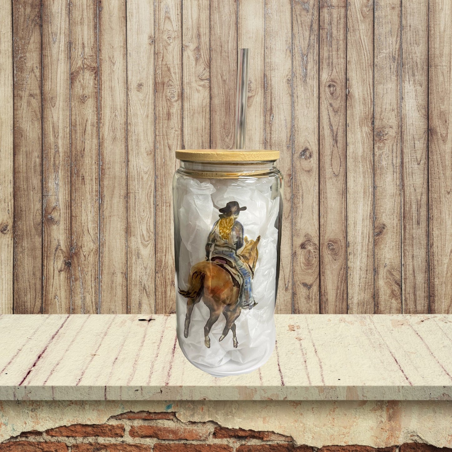 16oz Glass Cow girl riding a horse tumbler.