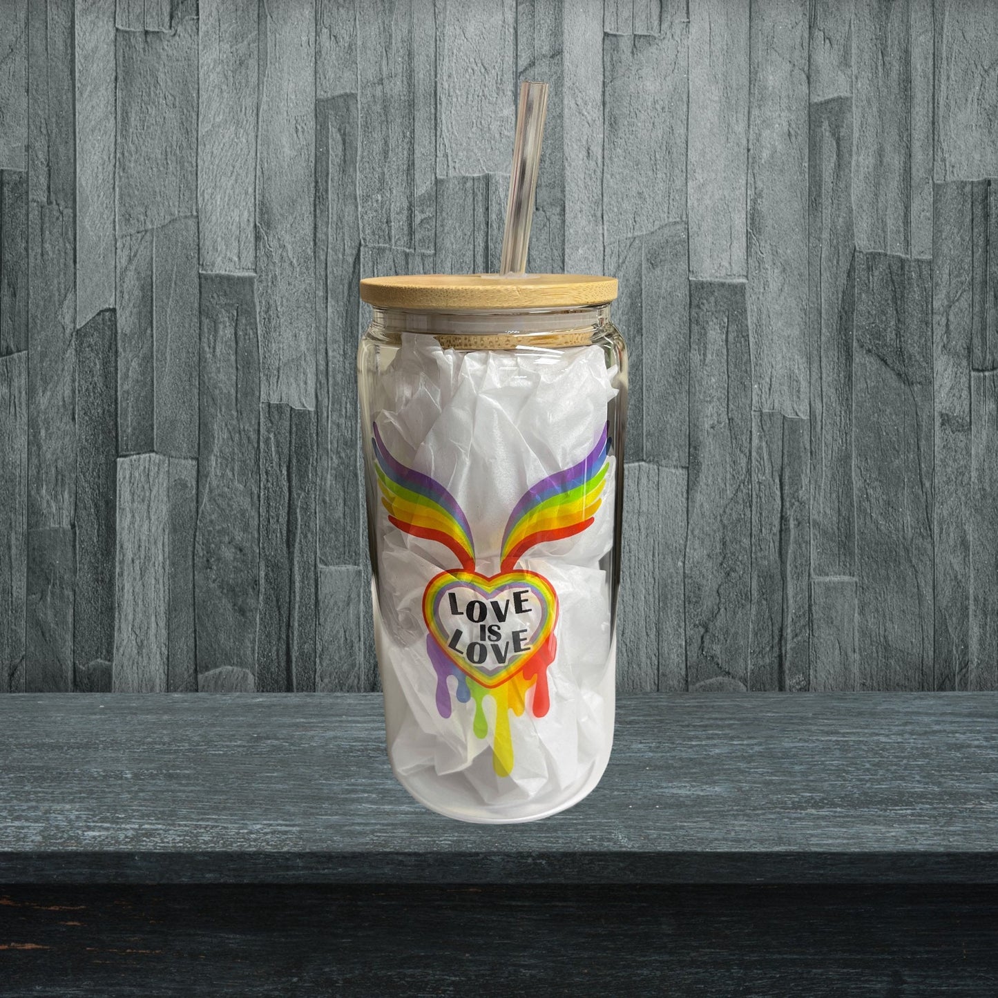 16oz Glass Love Is Love pride tumbler. With bamboo lid and plastic straw.