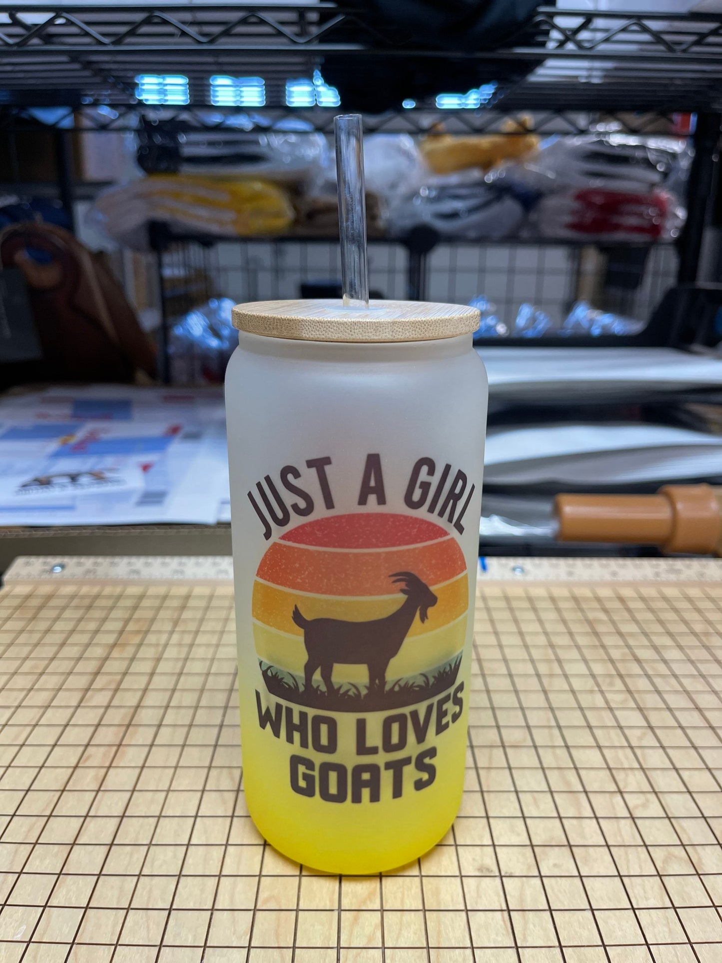 Just a girl who loves goats. Frosted glass tumbler w/ bamboo lid. Choose between 5 colors and 2 sizes