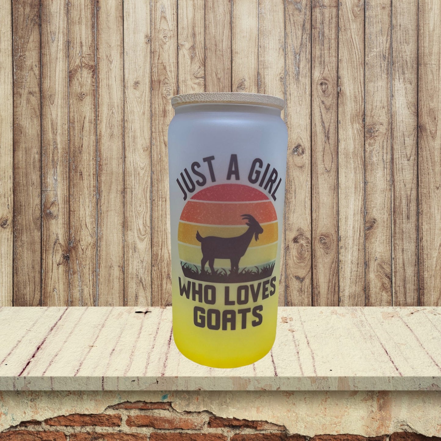 Just a girl who loves goats. Frosted glass tumbler w/ bamboo lid. Choose between 5 colors and 2 sizes