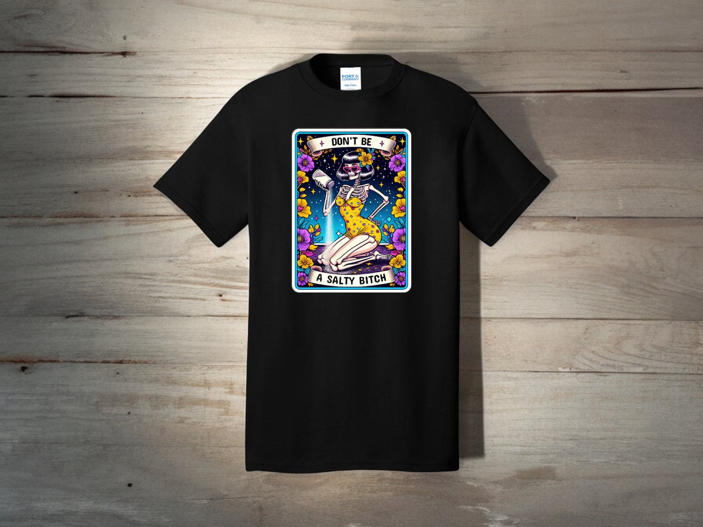 Salty Bitch Shirt: Funny Retro Tarot Card Graphic Tee with Skeleton Pinup Girl