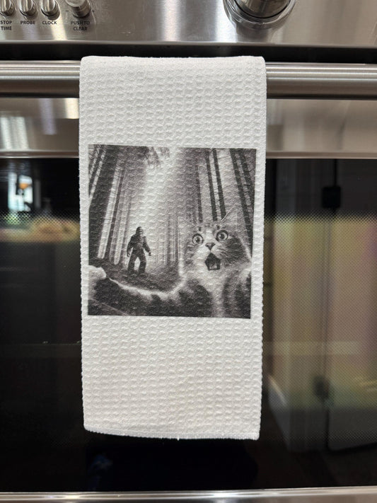 Cat Taking Selfie with Bigfoot Kitchen Towel – Perfect Gift for Animal Lovers and Bigfoot Fans