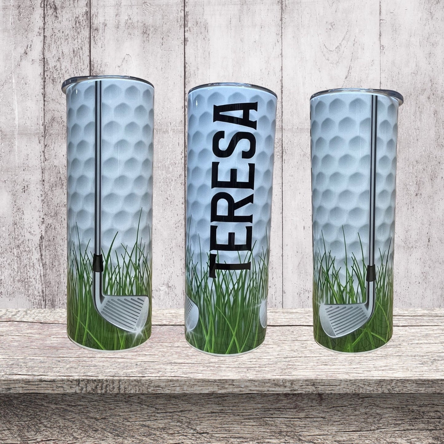 Golf clubs with personalized name tumbler